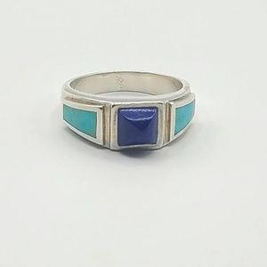 Vintage 925 Sterling Silver Turquoise Lapis Lazuli Ring, Size 9